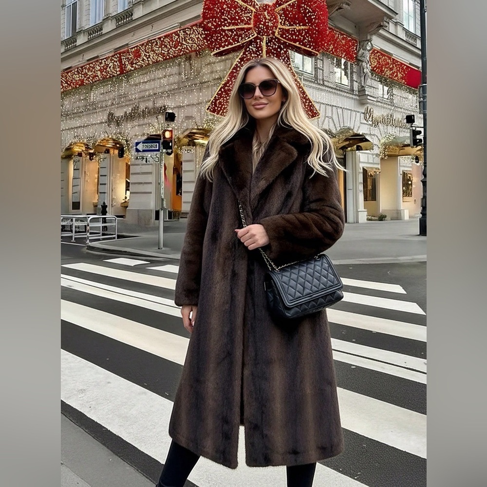 2 LEFT❤️ Luxury Coffee Brown Faux Fur Longline Coat Collared Winter coat